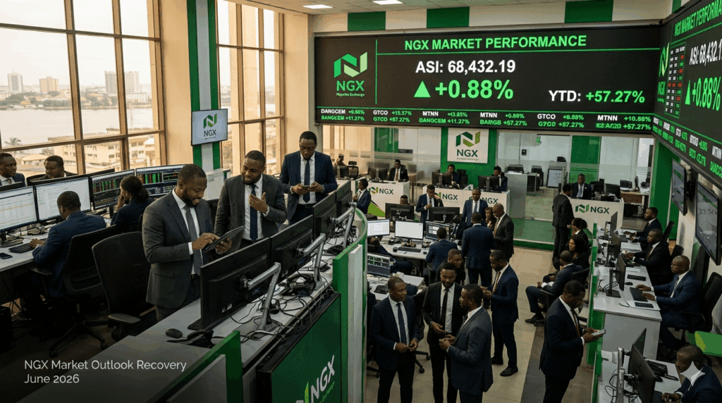 NGX market outlook recovery chart showing 0.88 percent weekly gain and 57 percent YTD return – June 2026