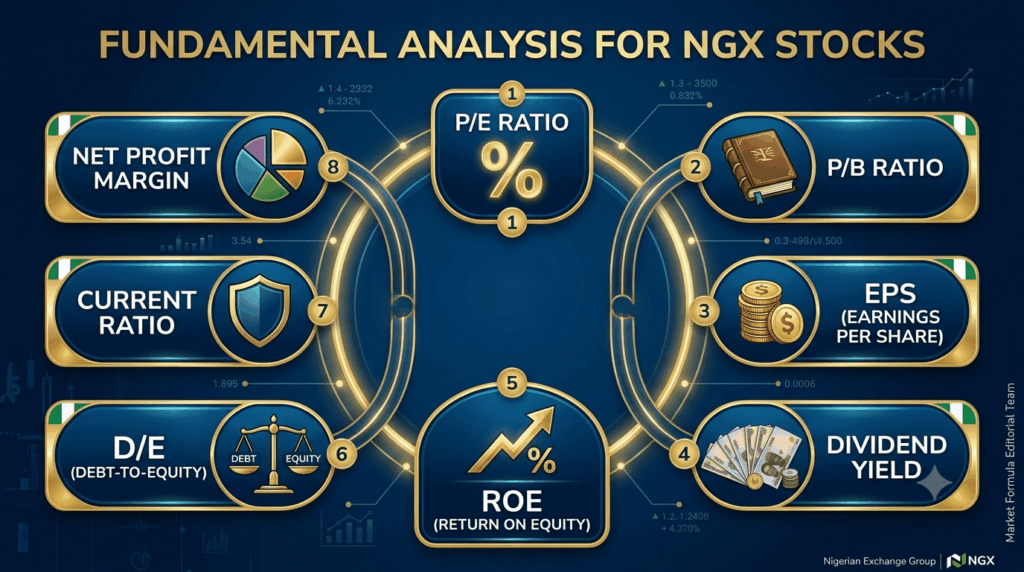 Fundamental analysis for NGX stocks infographic showing 8 key ratios and 5 financial statements for Nigerian stock market investors