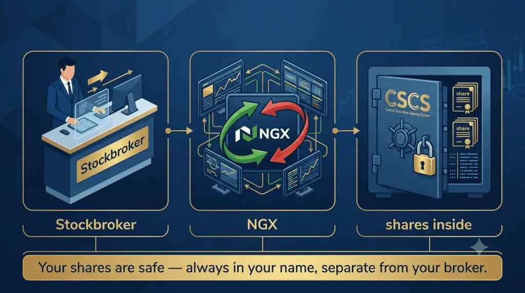 NGX investor toolkit module 2 – CSCS account structure shares safe separate from broker infographic