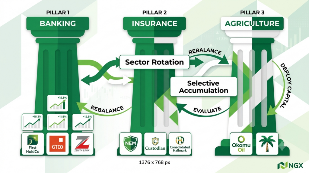 NGX moderately positive outlook – sector rotation infographic banking insurance agriculture selective accumulation