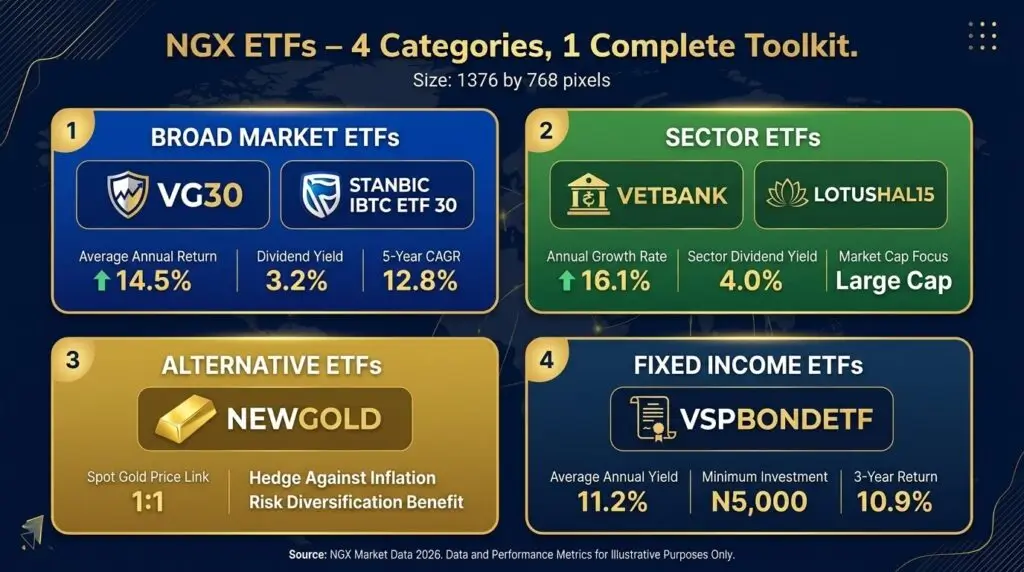NGX ETFs guide 2026 – four categories broad market sector alternative fixed income ETFs comparison