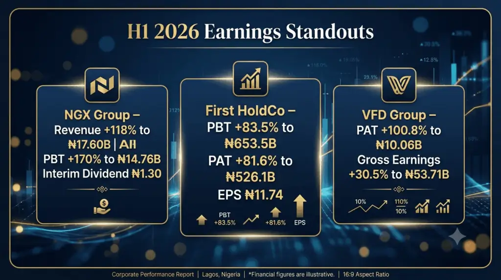 NGX market review Q2 earnings – H1 2026 standouts NGX Group First HoldCo VFD Group financial results