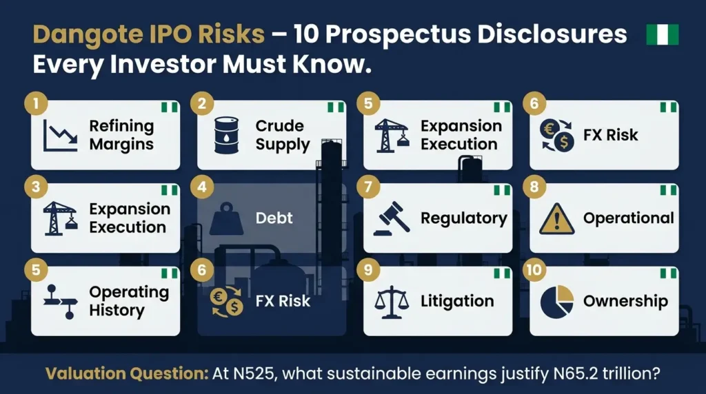 Dangote IPO risks infographic showing 10 key prospectus disclosures including refining margins, crude supply, expansion execution, and debt