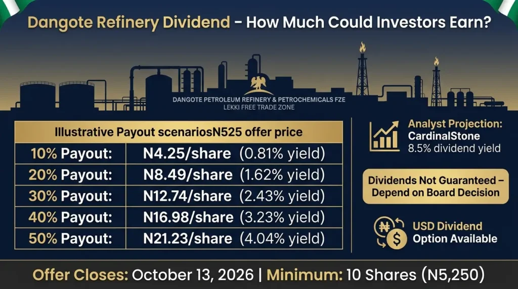 Dangote Refinery dividend infographic showing illustrative payout scenarios and investor earnings potential at N525 per share