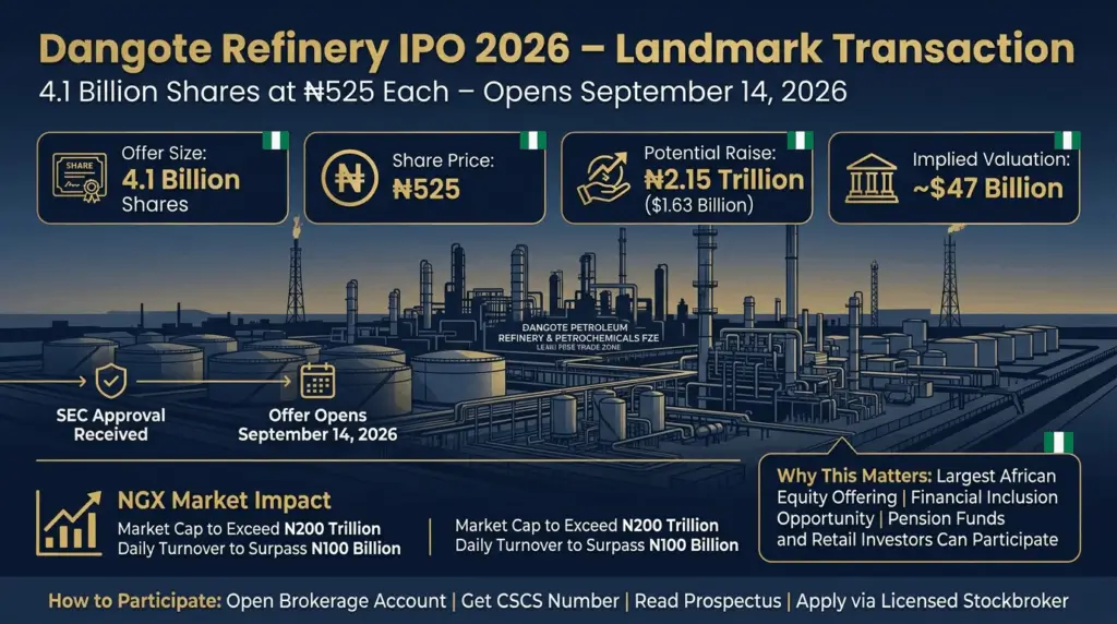 Dangote Refinery IPO 2026 infographic showing 4.1 billion shares at N525, N2.15 trillion raise, $47 billion valuation, and NGX market impact for Nigerian investors