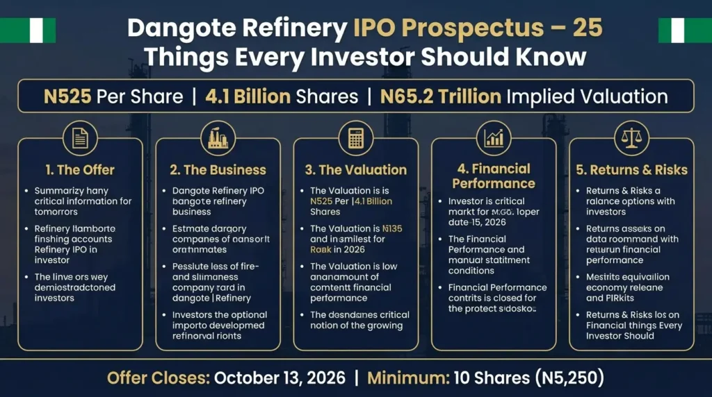 Dangote Refinery IPO prospectus guide infographic showing 25 key facts for Nigerian investors including N525 per share and N65 trillion valuation