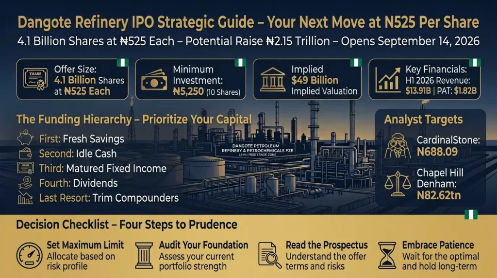 Dangote Refinery IPO strategic guide infographic showing N525 per share, funding hierarchy, and decision checklist for investors