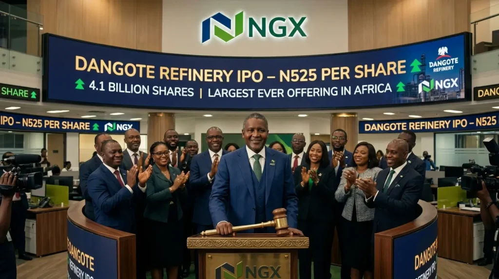Dangote Refinery people's IPO infographic showing N525 per share, USD dividends, and the historic NGX market opening ceremony