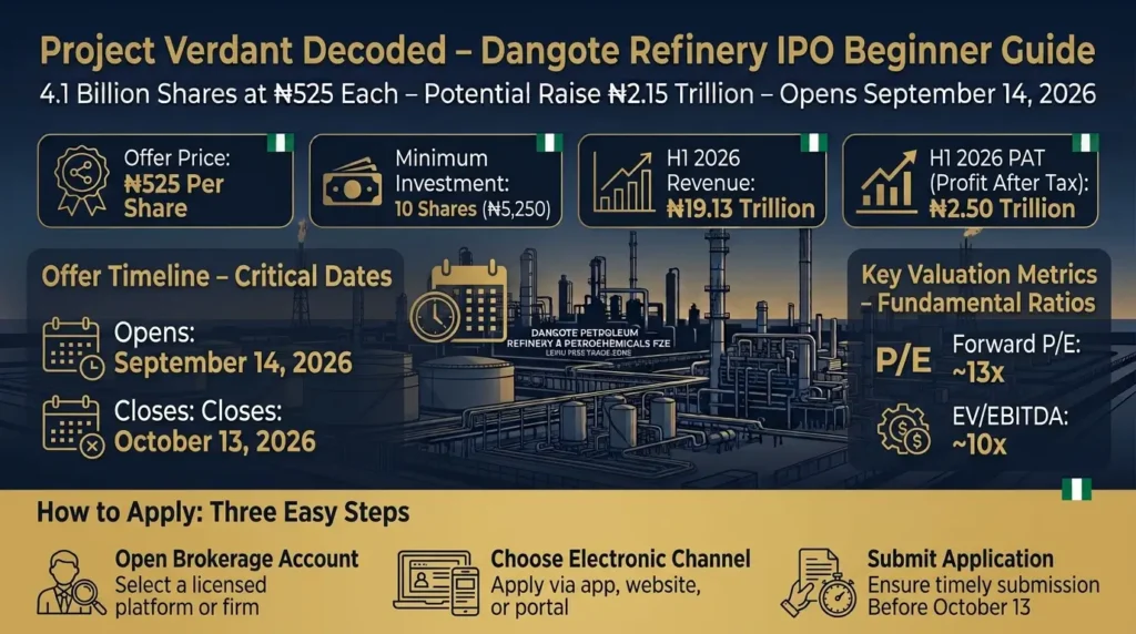 Dangote Refinery IPO beginner guide infographic showing N525 per share, 4.1 billion shares, and Project Verdant offer terms