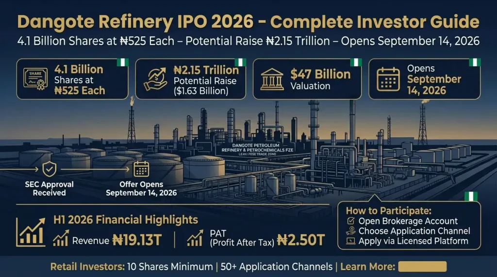 Dangote Refinery IPO valuation analysis, Dangote Refinery IPO N525, Dangote Refinery valuation $49 billion, Dangote Refinery IPO seven gates framework, How to value Dangote Refinery shares, Dangote Refinery IPO analyst targets, Dangote Refinery H1 2026 results, Dangote Refinery private placement 2026, Dangote Refinery IPO September 2026, NGX Dangote Refinery listing