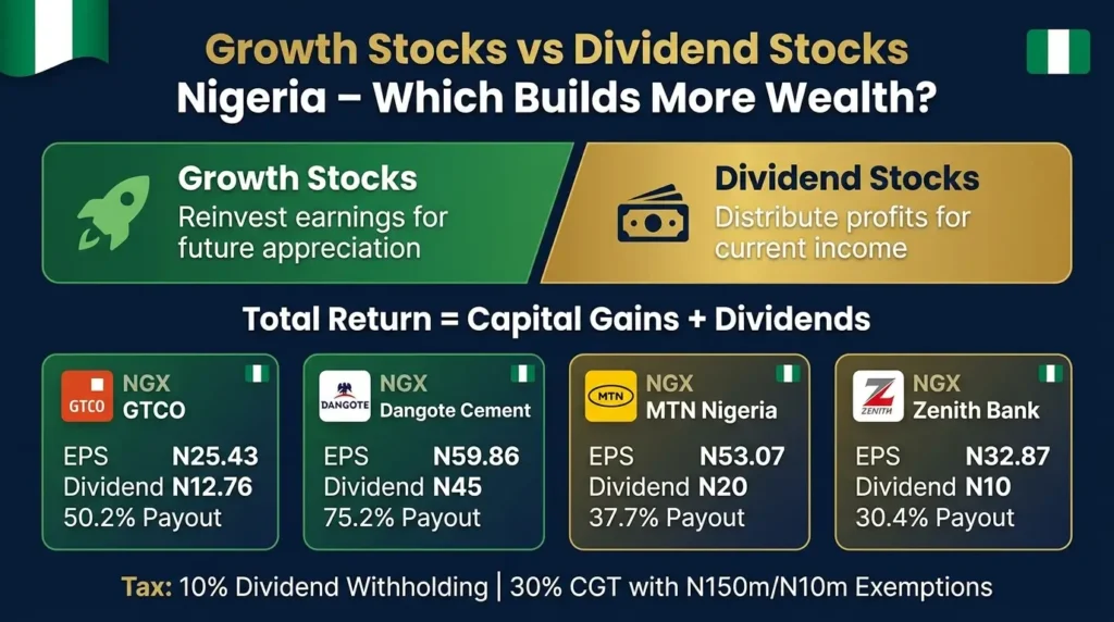 Growth stocks vs dividend stocks Nigeria infographic showing NGX examples GTCO Dangote Cement MTN Zenith and total return framework