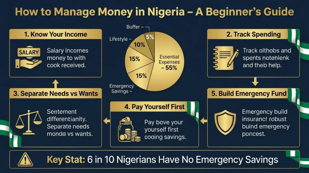 How to manage money in Nigeria beginner guide infographic showing budget allocation, emergency fund, and savings plan