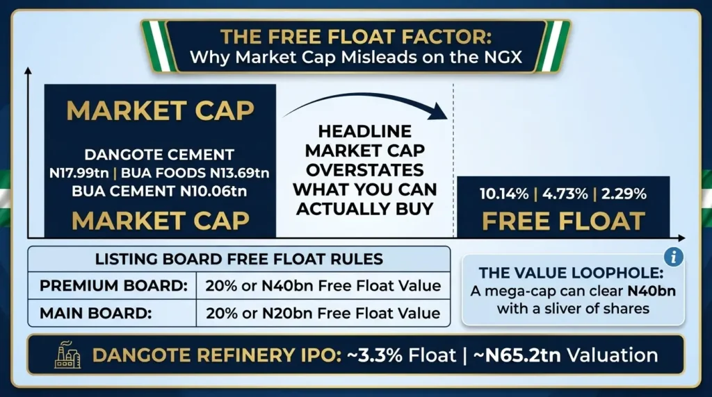 NGX free float infographic showing Dangote Cement 10.14%, BUA Foods 4.73%, BUA Cement 2.29% free float and market cap dominance