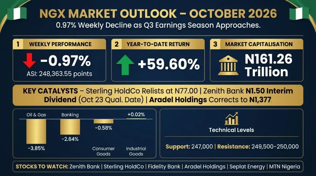 NGX market outlook infographic showing ASI 248,363.55 points, Sterling N77 reconstruction, Zenith N1.50 interim dividend, and Aradel correction